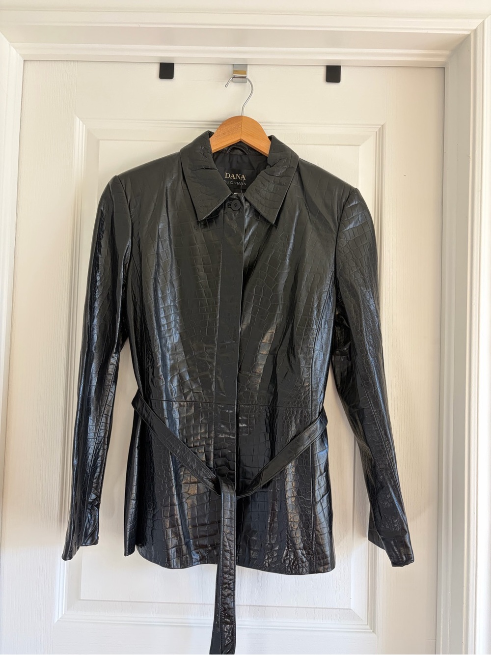 Croc-Embossed Black Leather Belted Jacket